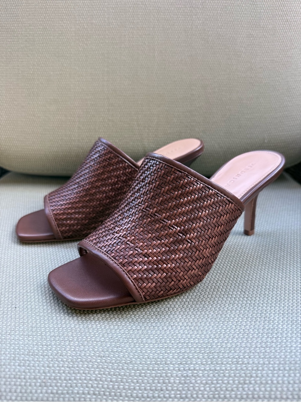 Veronica Beard Maisie Woven Slide Heel Stiletto Sandals Rattan Resortwear Brown